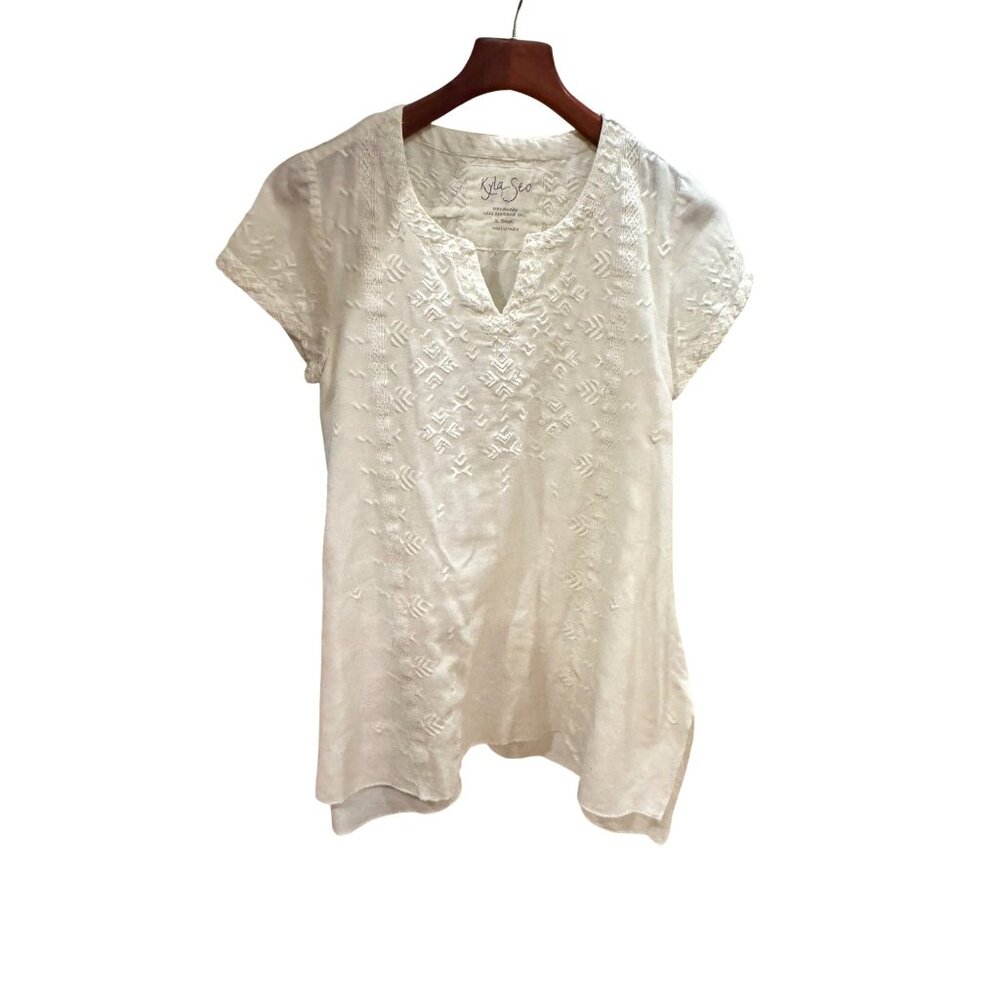 Kyla Seo Womens White 100% Linen Embroidered V-Neck Tunic Dress Size XS